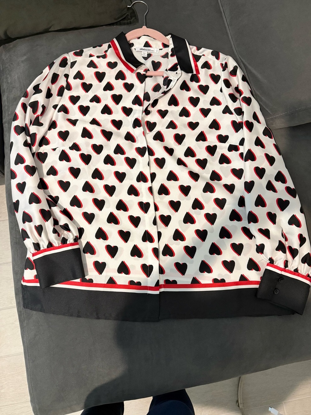 Chico's White Bomber Jacket with Black and Red Heart Print